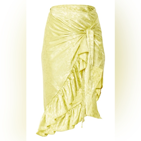 PRETTY LITTLE THING Lime Green Satin Frill Hem Crop Top & Tie Waist Wrap Skirt - Picture 9 of 14